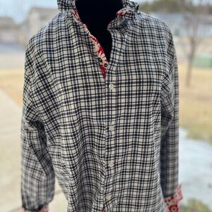 Galaxy By Harvic Black and White Plaid Women's Button-Up Blouse with Red Trim